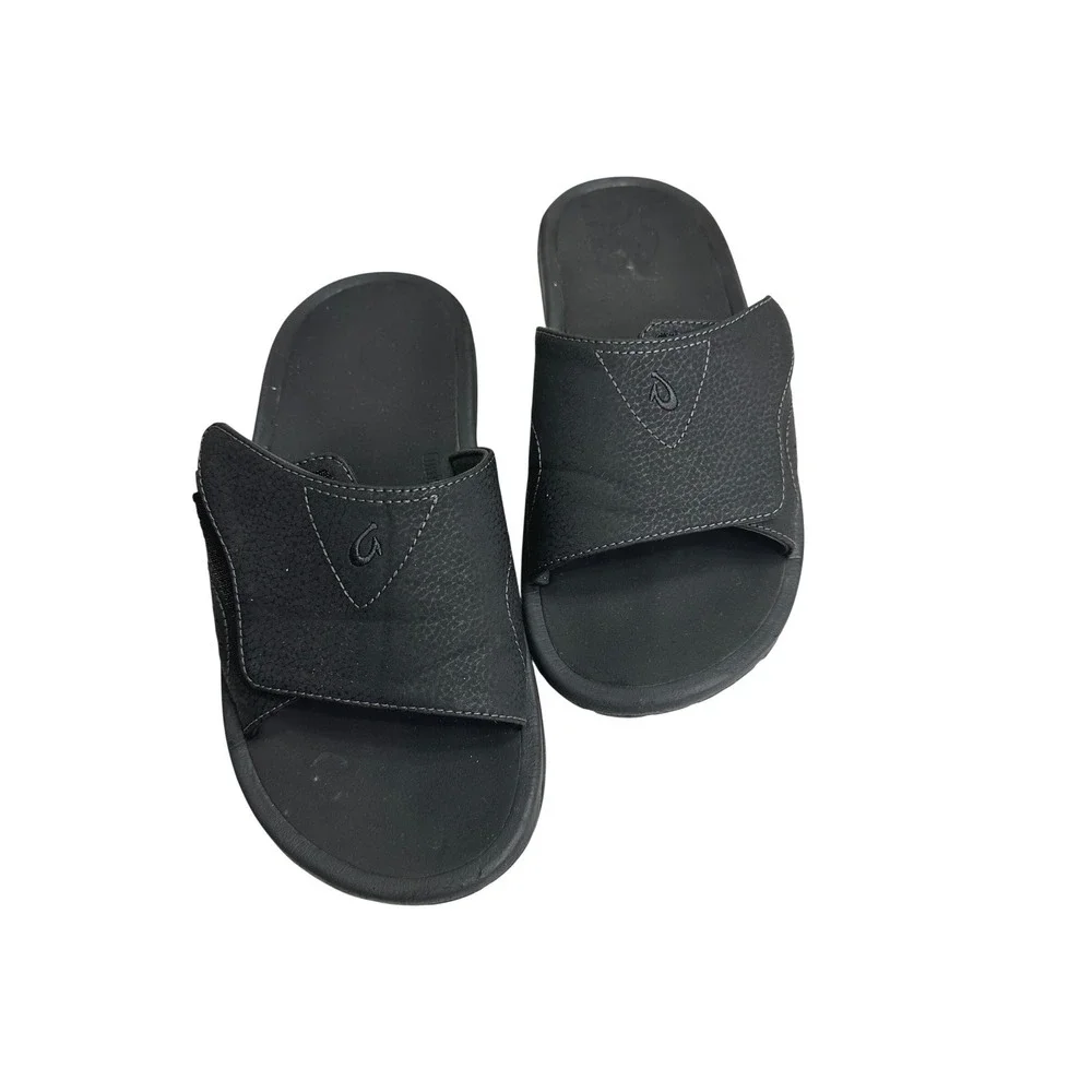 OluKai Nalu Slide Mens Black Sandals Size 9 Adjustable Strap Flip Flop
